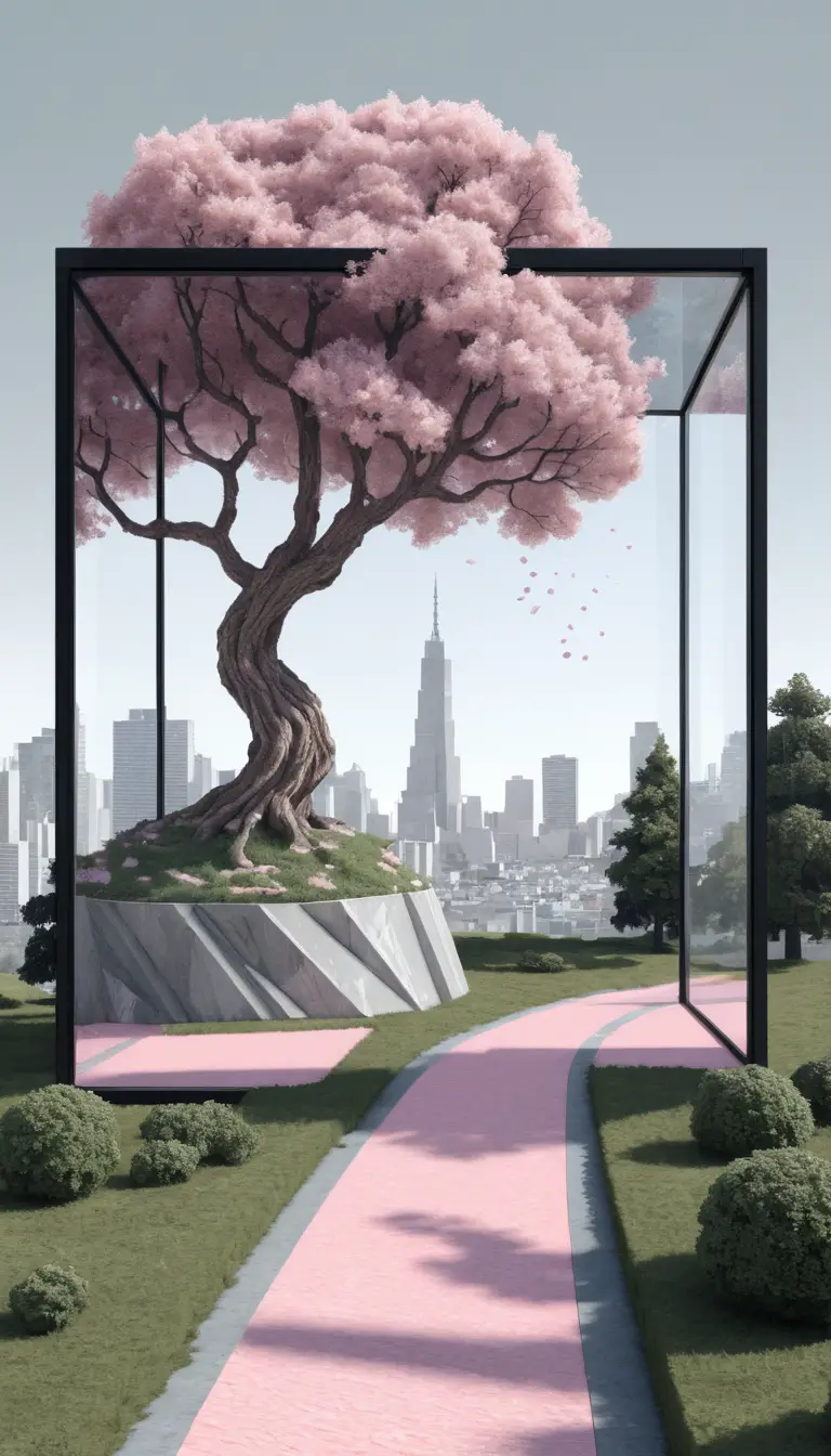 Pixel art landscape with an oak tree rising from a glass marble