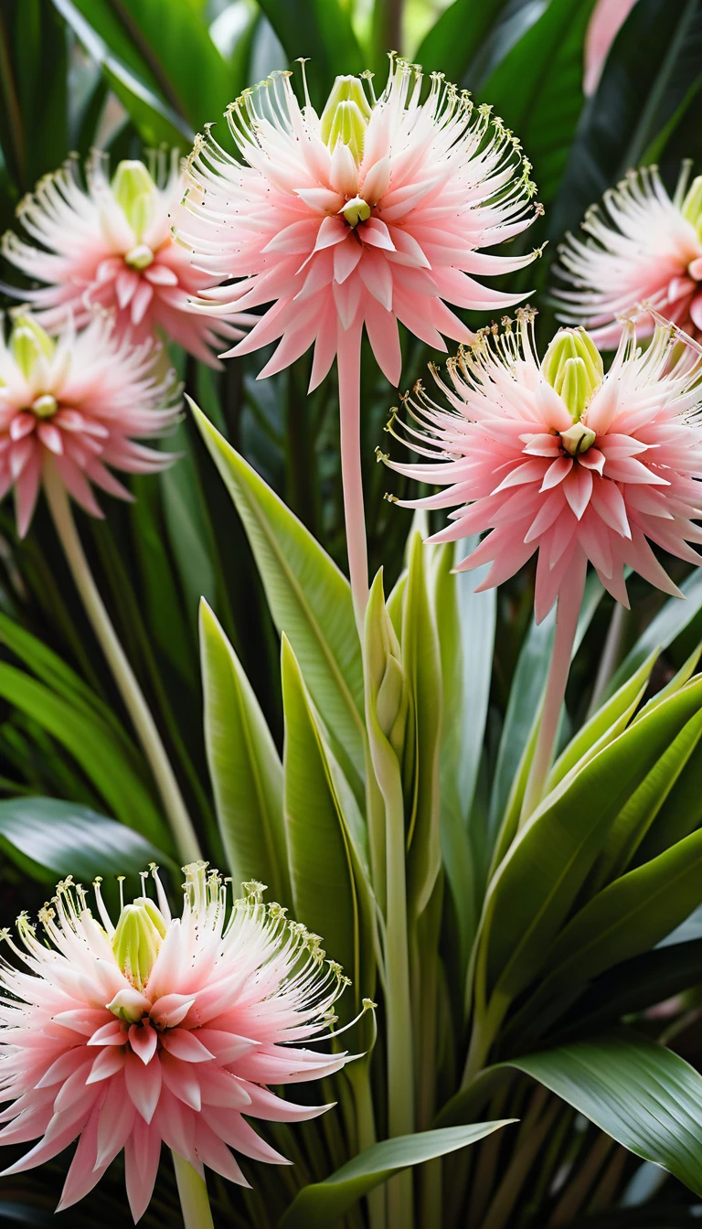 Uma alta espiga floral tropical com nuvens de estames cor-de-rosa