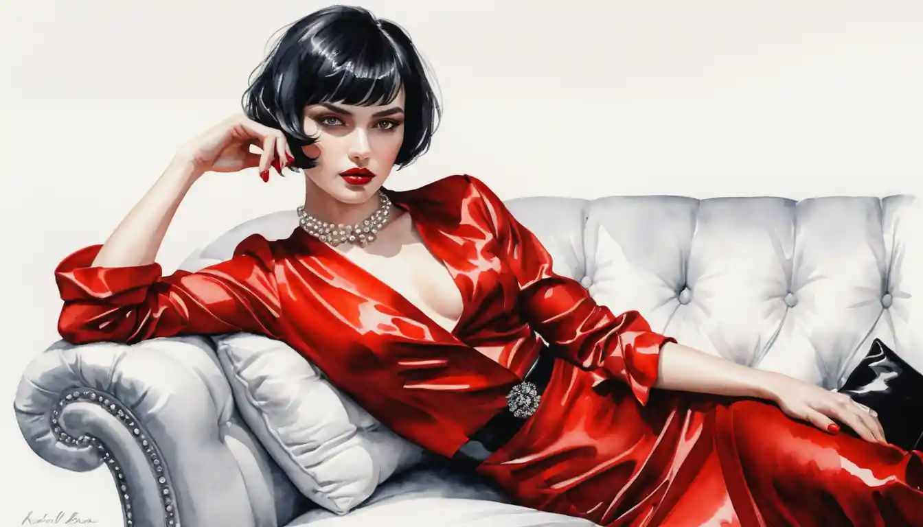 Mulher elegante com cabelo curto preto estilo bob, reclinada em um sofá contra um fundo branco