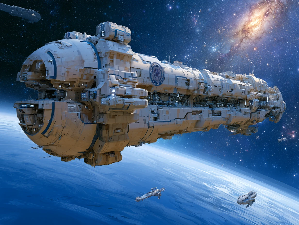 Uma enorme nave espacial futurista passa por um planeta azul