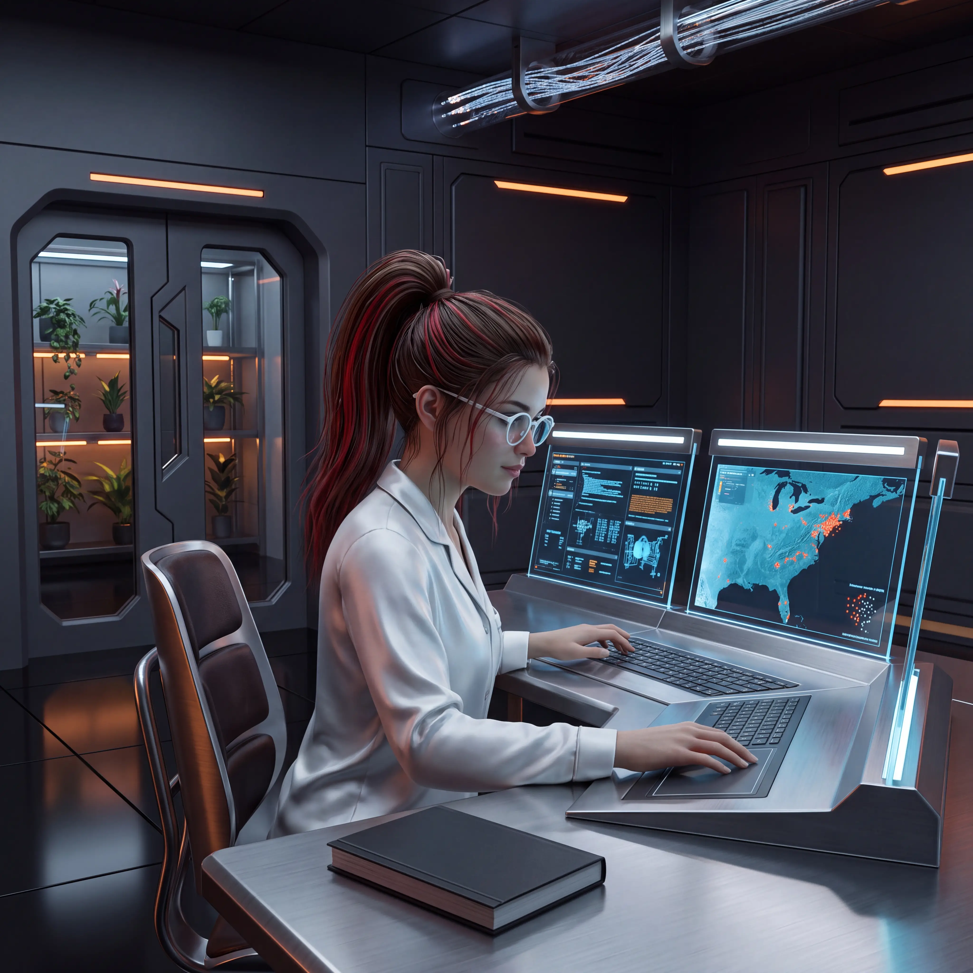 Jovem trabalhando em um painel de controle futurista