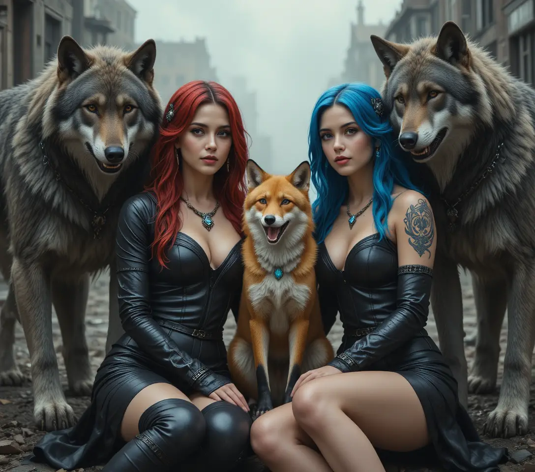 Two women sit between wolves nearly twice their height