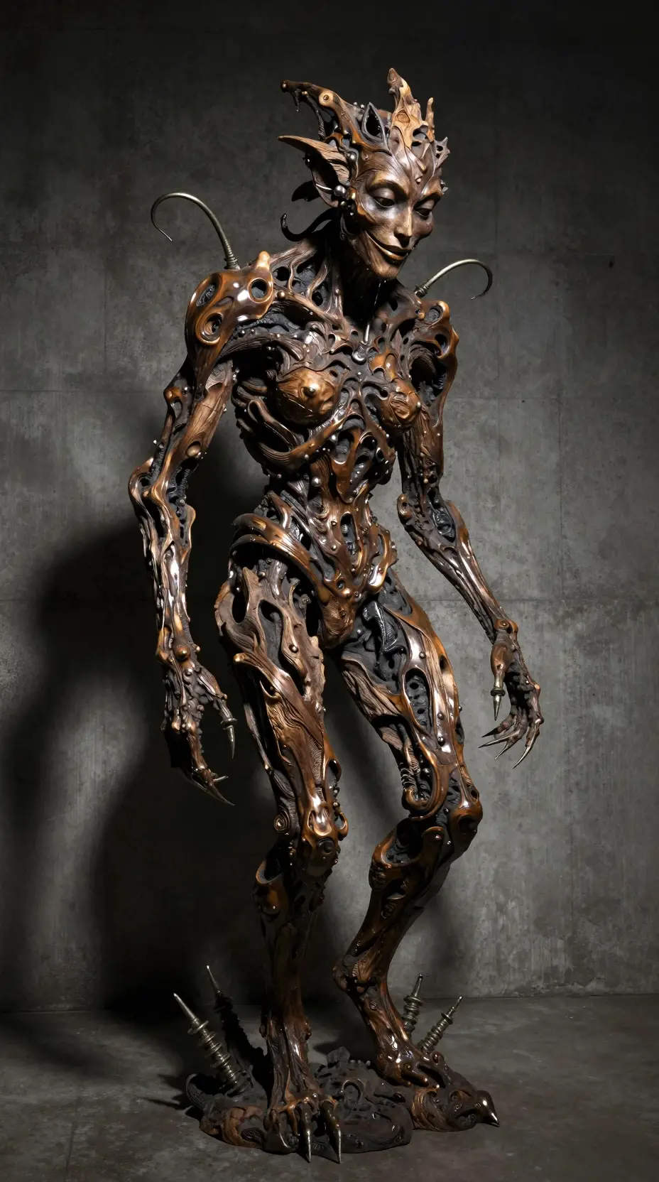 Uma escultura de quimera em madeira retorcida e bronze diante de concreto