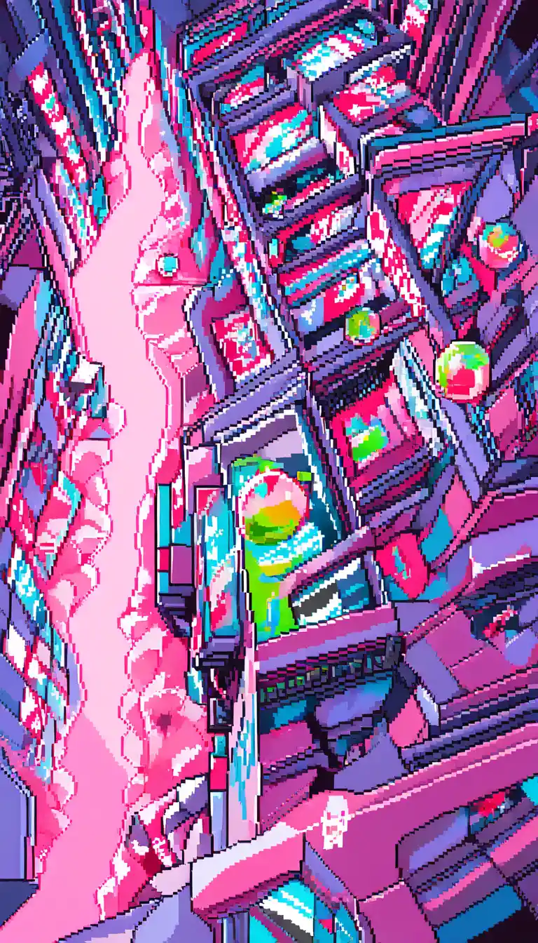 Uma menina em pixel art está ao lado de uma livraria, segurando um bastão rosa brilhante