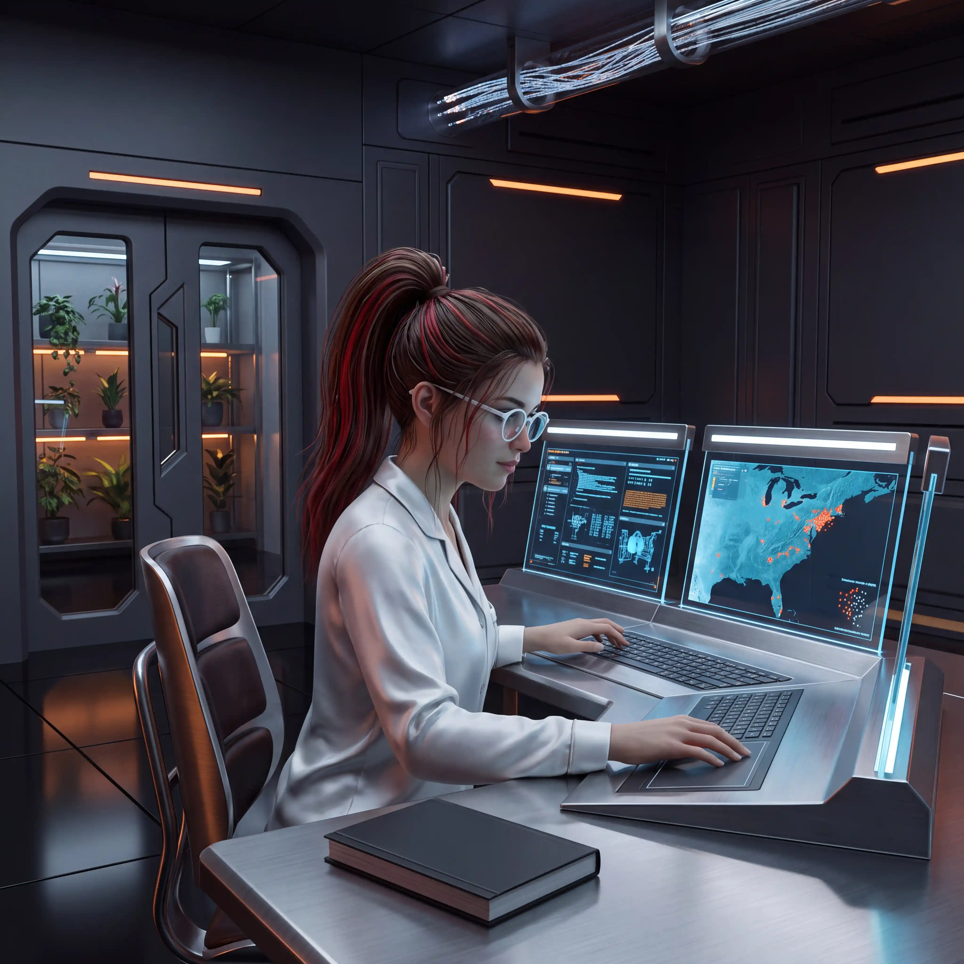 Jovem trabalhando em um painel de controle futurista