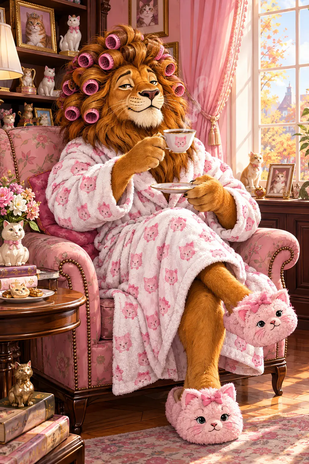 A lion sips coffee in a kitten-patterned robe on a sunny morning