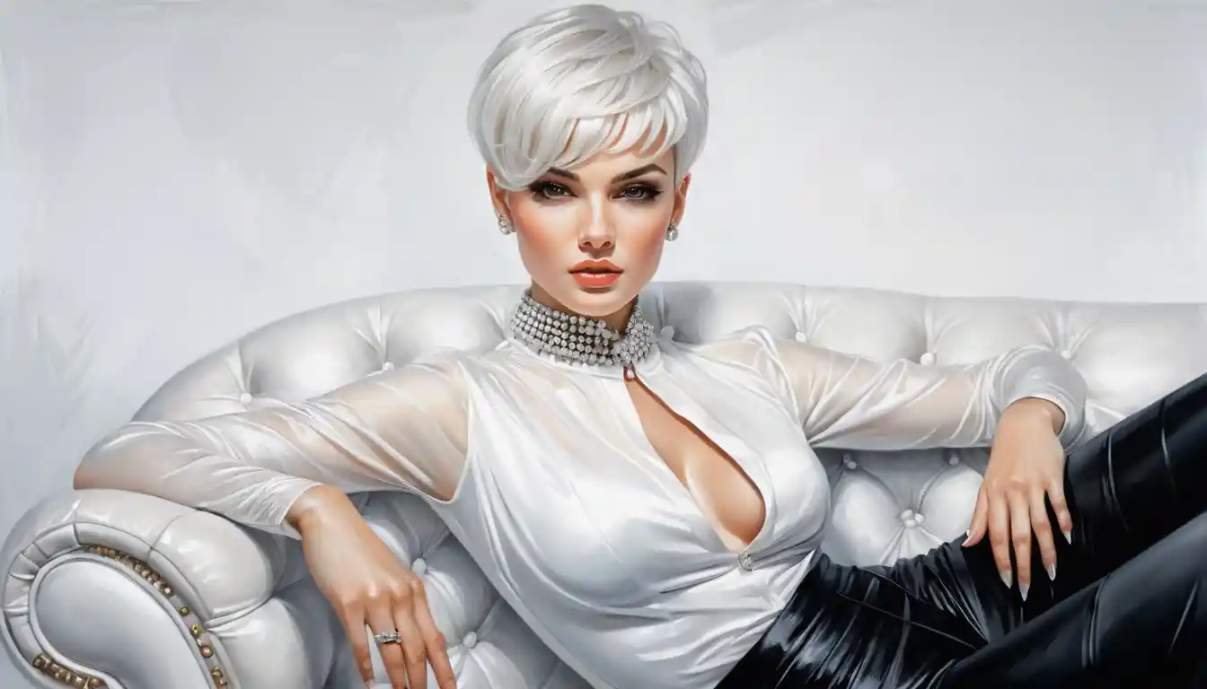 Eine elegante Frau liegt vor weißem Hintergrund auf einem Sofa