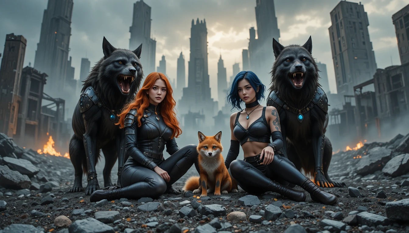 Duas mulheres de um mundo de fantasia sentadas entre lobos em um chão coberto de cinzas
