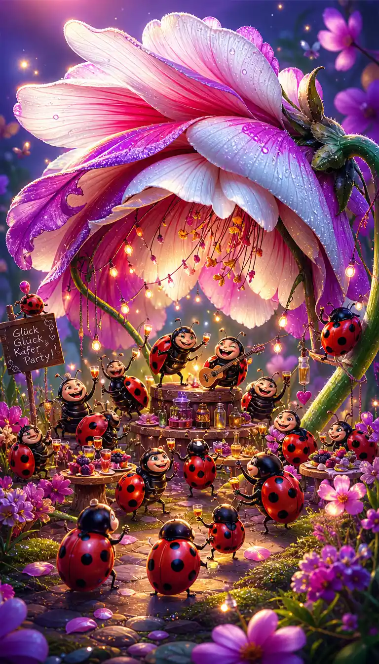 A Colorful Flower Shelters a Cheerful Gathering of Ladybugs