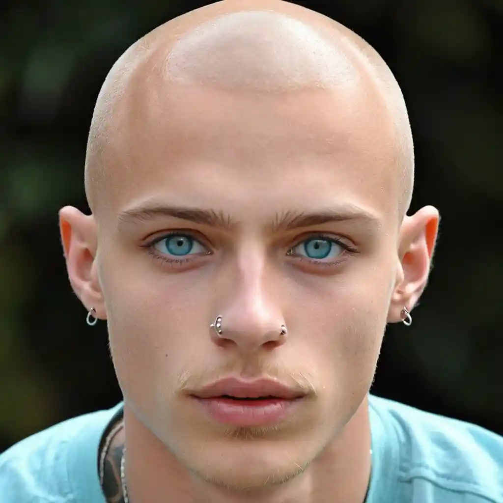 A young adult with a shaved head, facial piercings, and cyan eyes