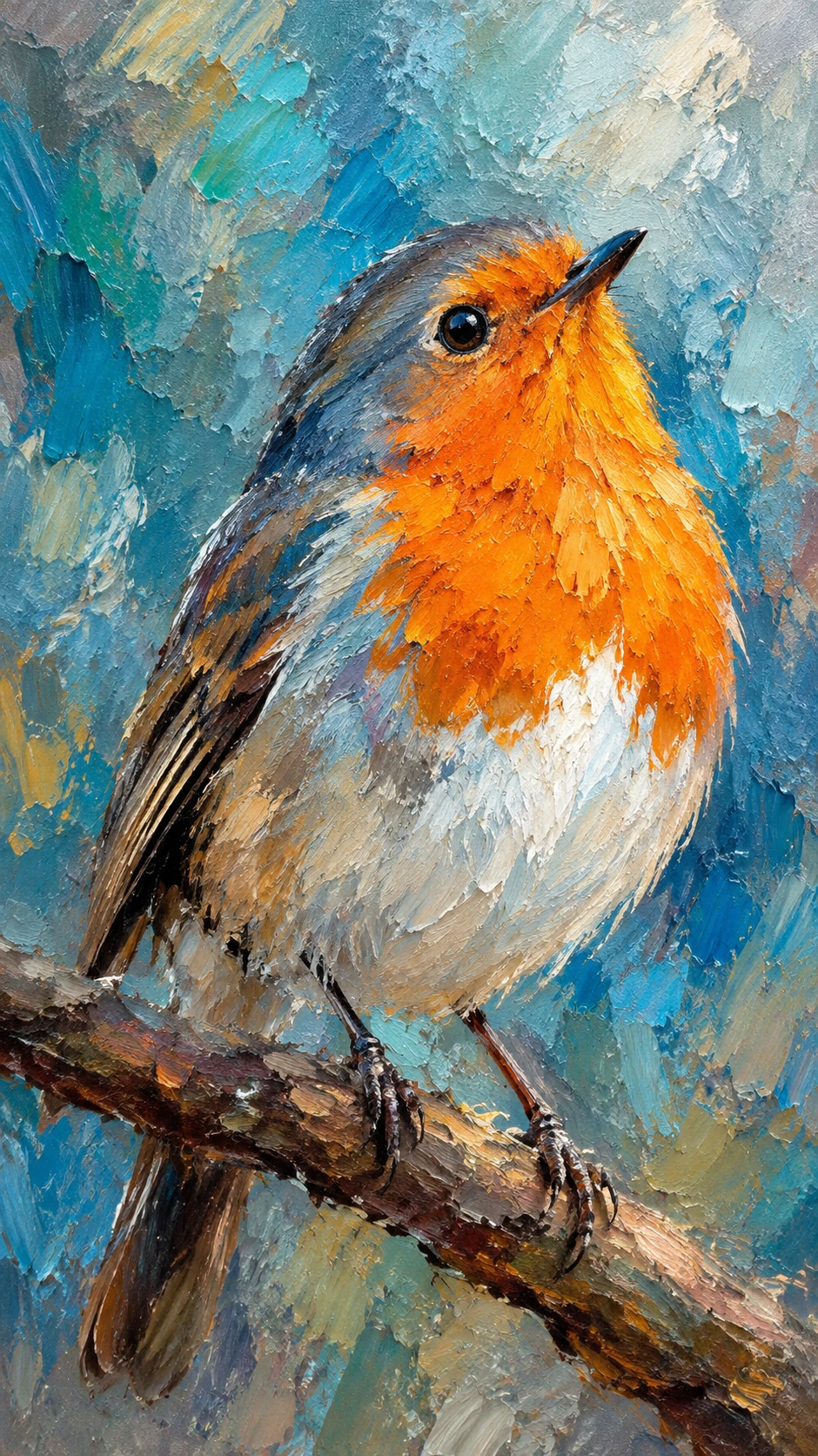 European robin perched on a branch against a textured blue background