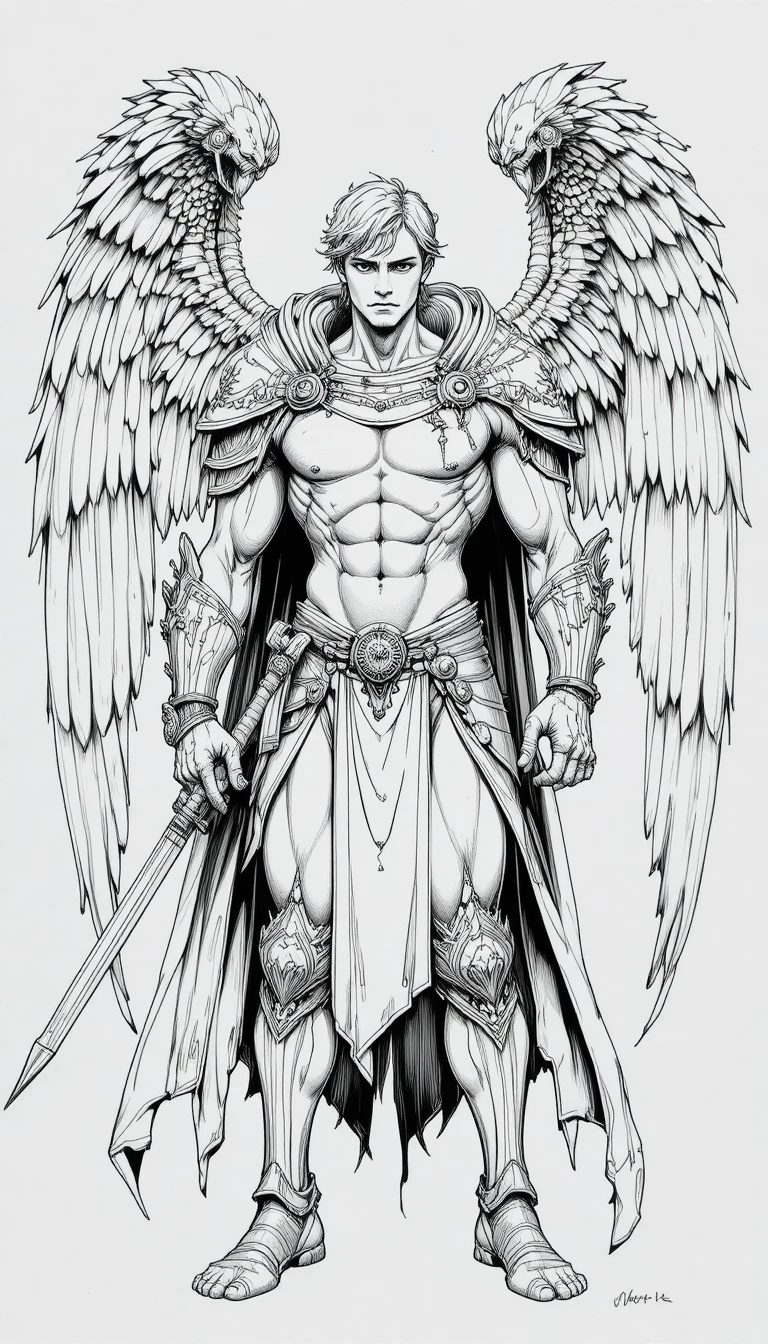 Um guerreiro angelical alado posa de forma heroica
