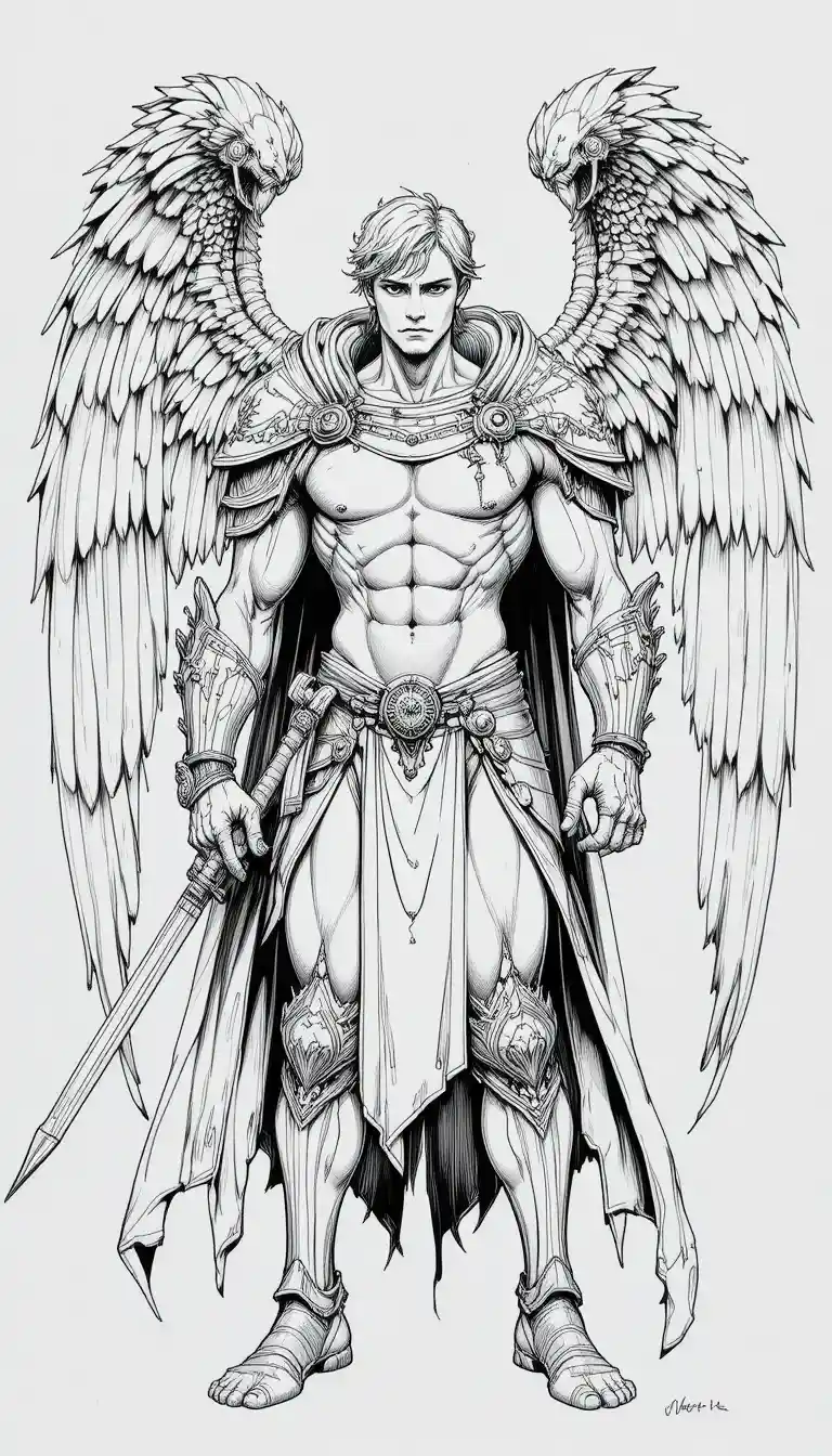 Um guerreiro angelical alado posa de forma heroica