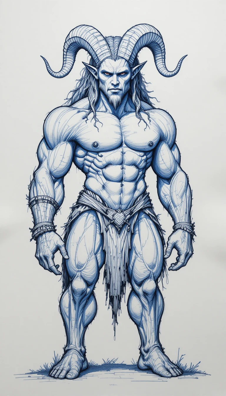 A fierce horned satyr standing in a traditional ink drawing