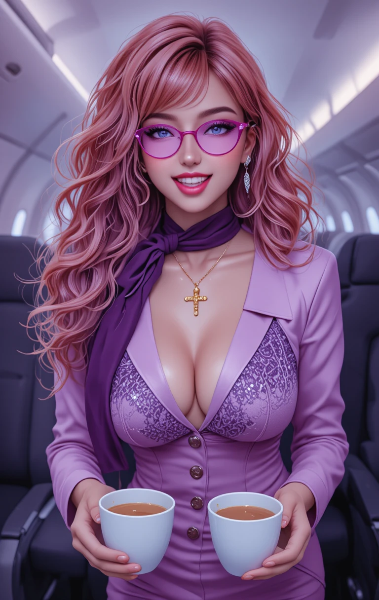 Uma comissária ruiva serve café a bordo de um avião