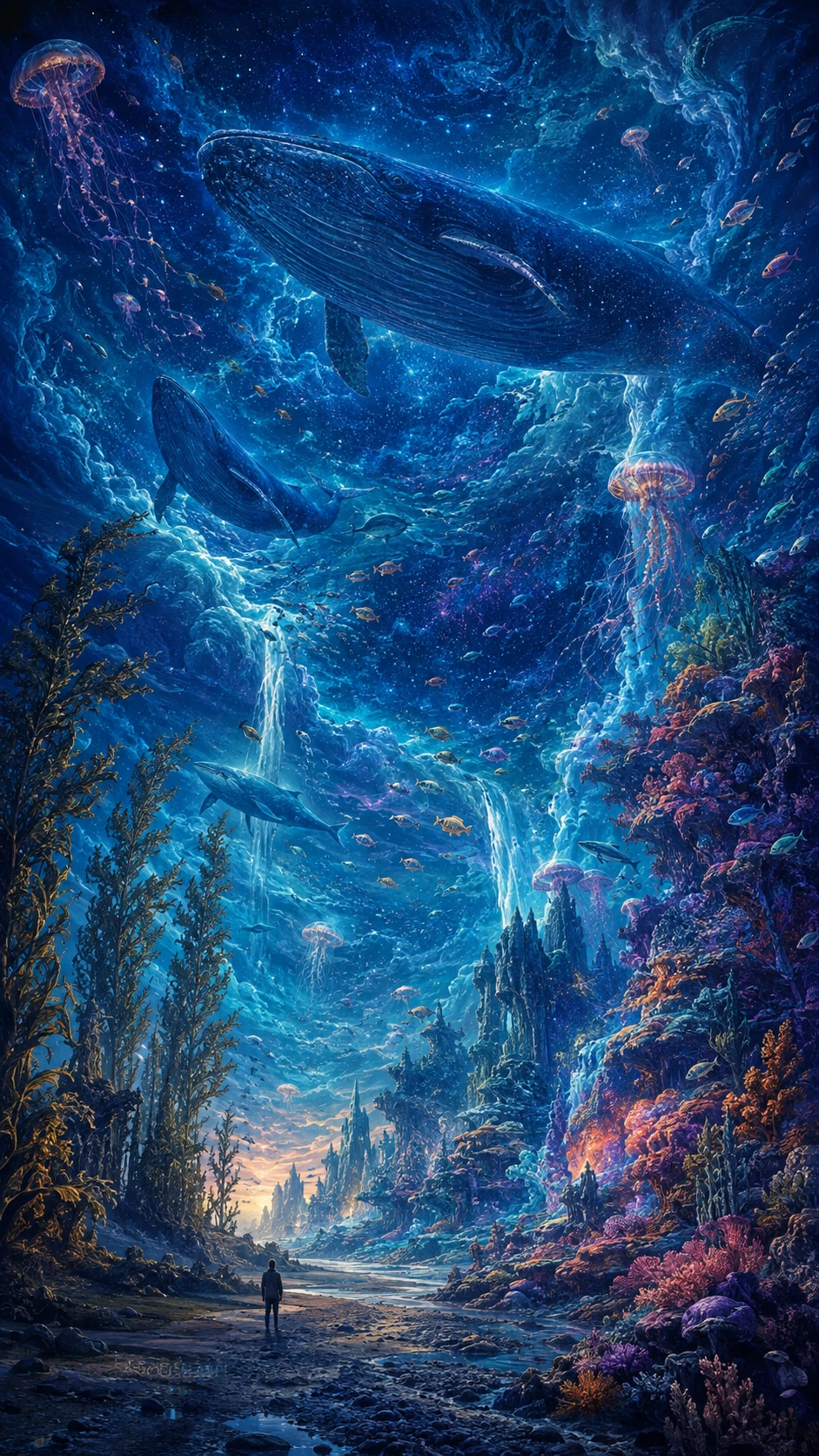 Uma paisagem surreal sob um céu oceânico invertido repleto de baleias