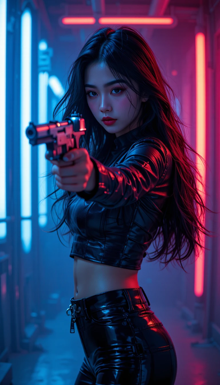 Japanische Frau mit gezogener Waffe in einem dramatischen Neo-Noir-Porträt