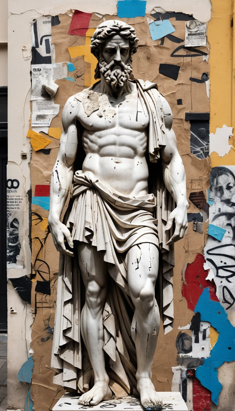 A weathered Greek god statue transformed into a street art collage