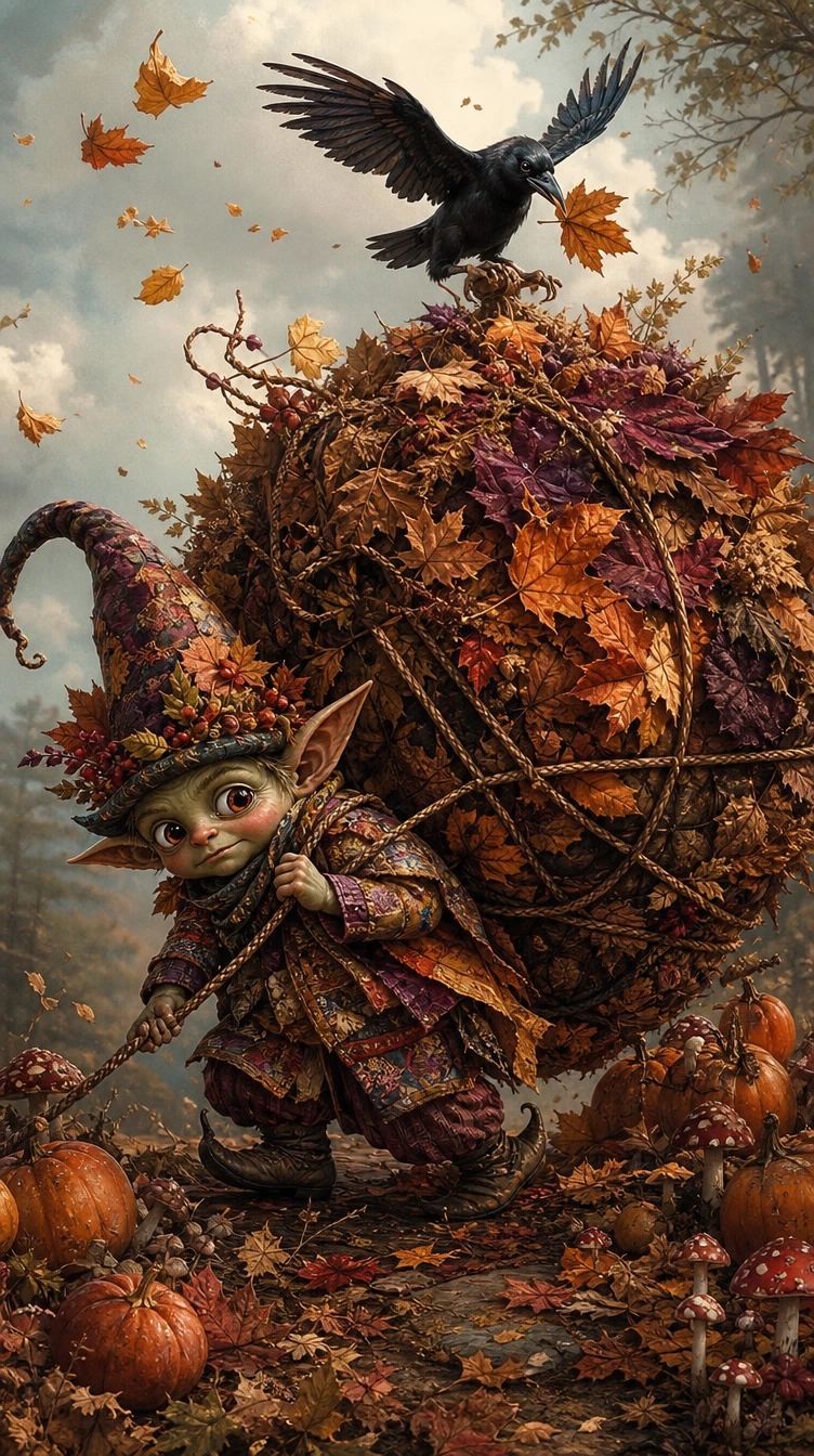 Um pequeno goblin carrega um enorme molho de folhas de outono