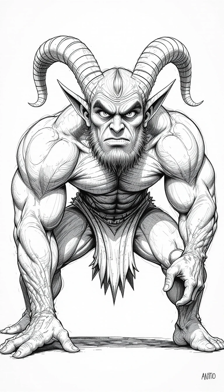 A Muscular Satyr Braces for Combat in a Bold Cartoon Illustration