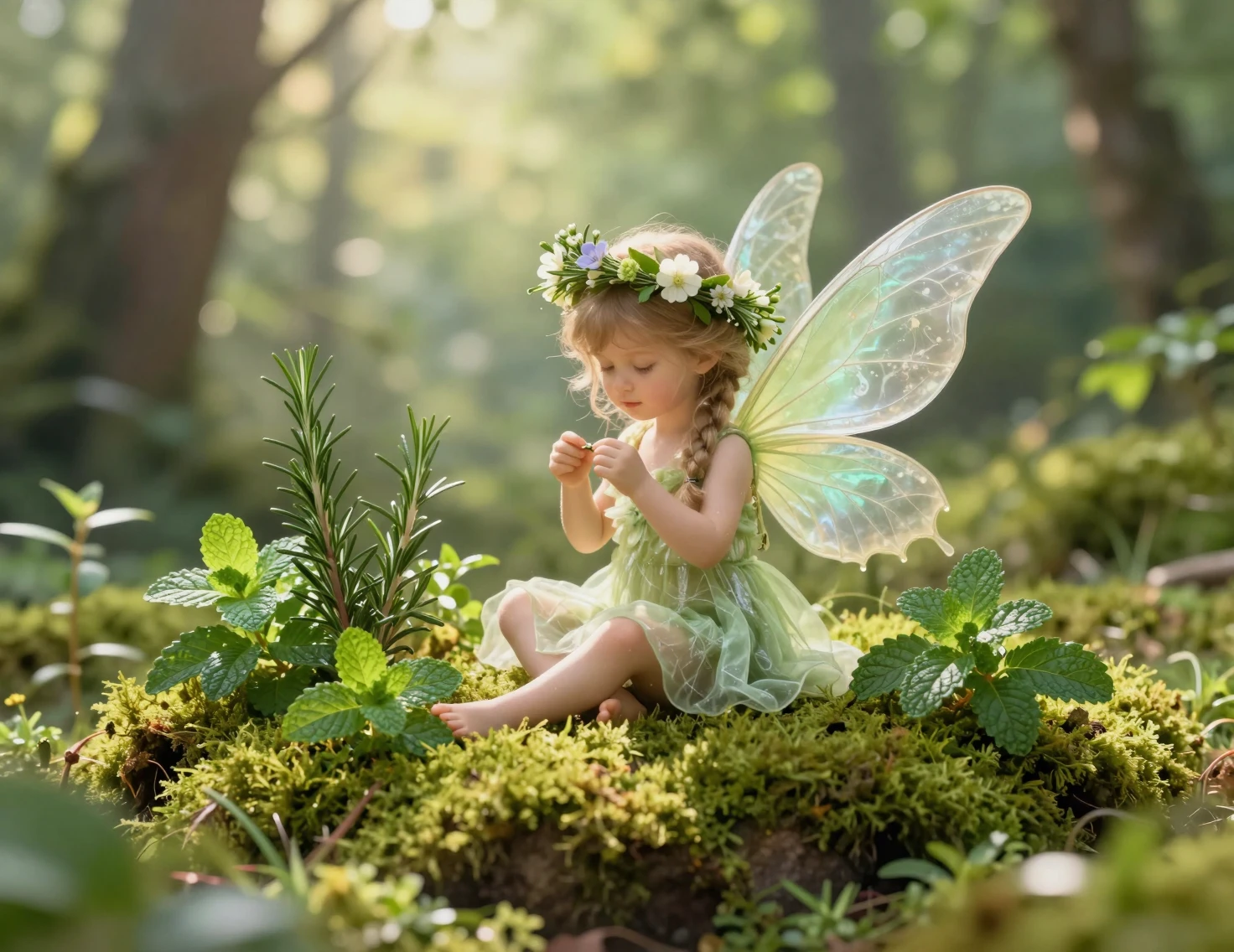 Uma fada verde tece uma coroa de flores entre o musgo exuberante da floresta