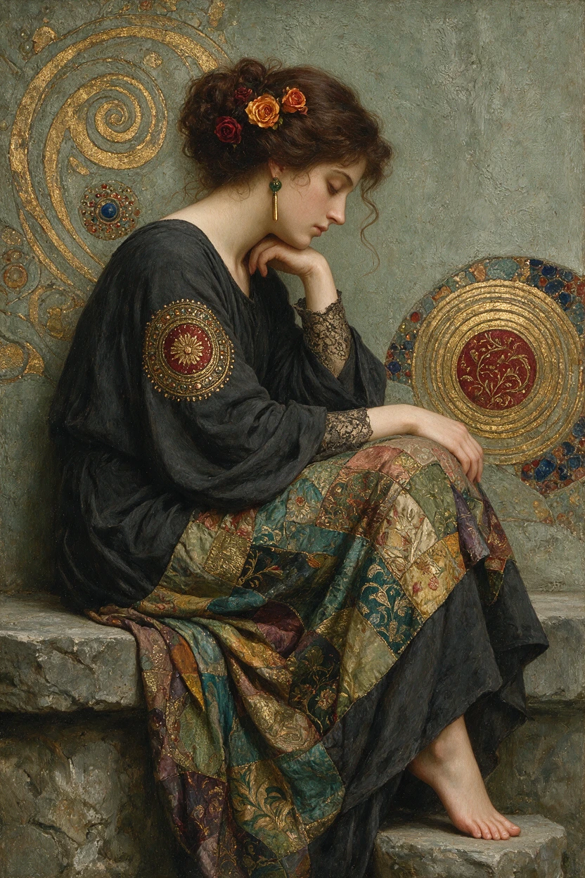 Mulher contemplativa com vestido de patchwork encostada a uma parede ornamentada
