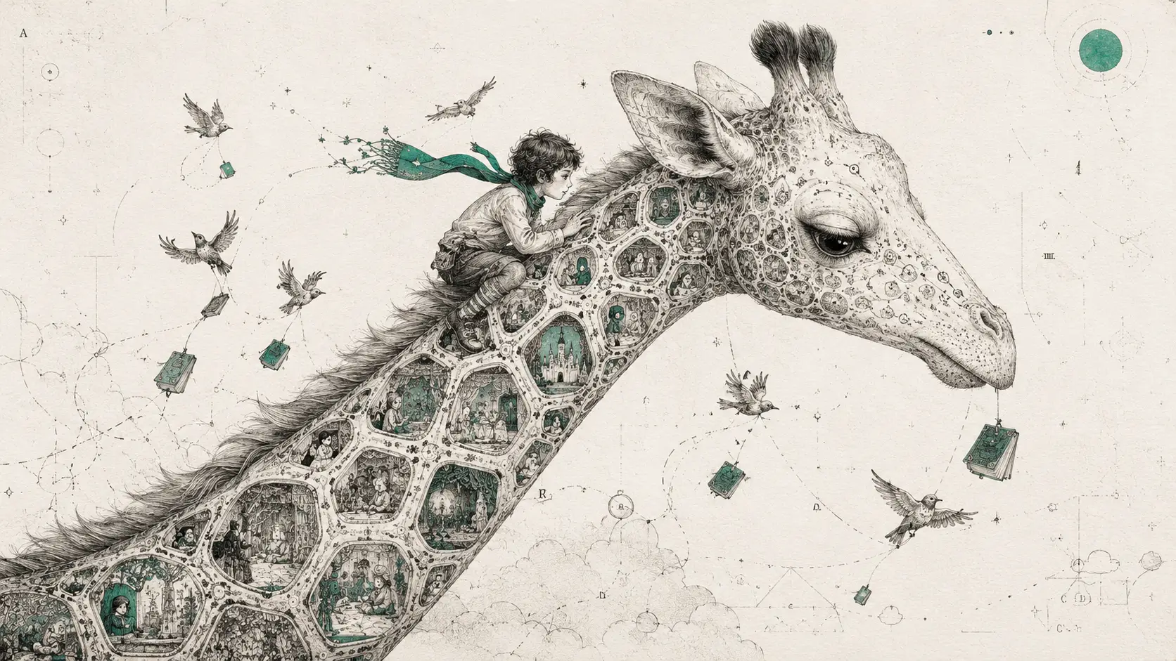 A child climbs a giraffe whose spots open into forgotten fairy tales