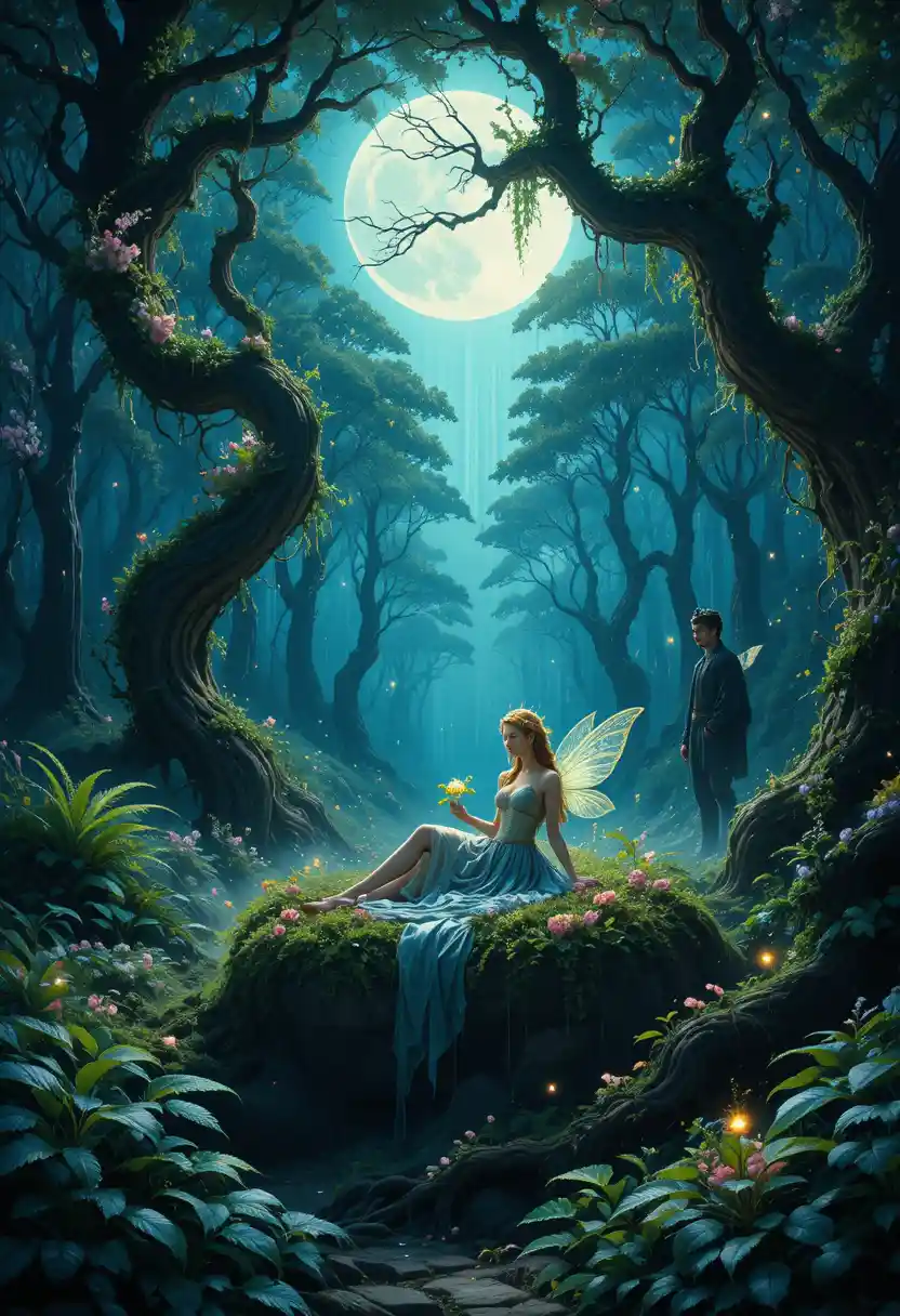 Eine Feenkönigin ruht unter dem Vollmond in einem verzauberten Wald