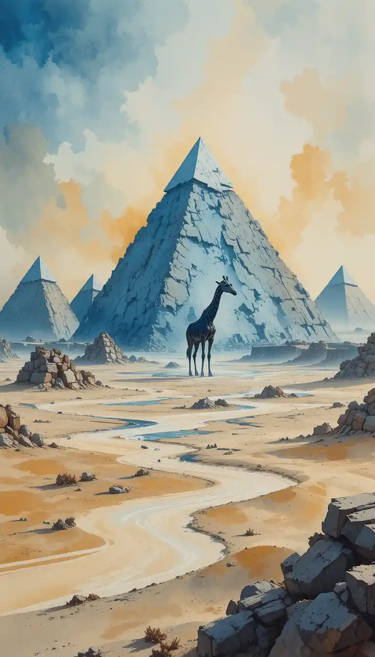 Pirâmides do deserto derretidas revelam uma girafa em formas fluidas de aquarela
