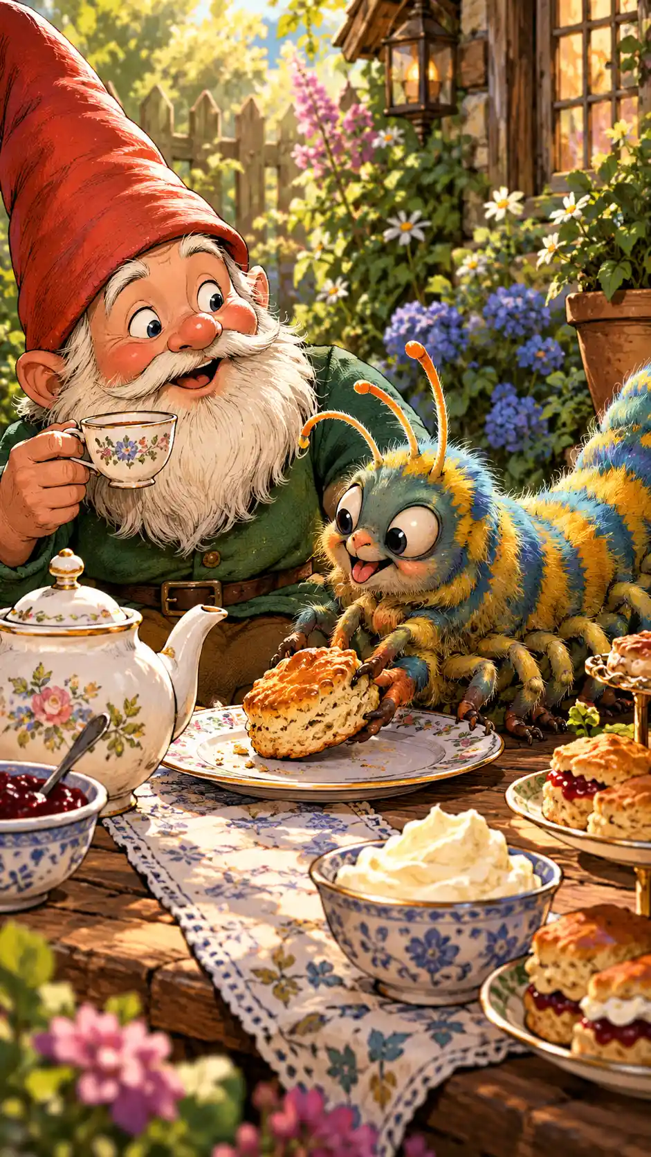 A garden gnome enjoys tea as a fluffy creature reaches for his scone