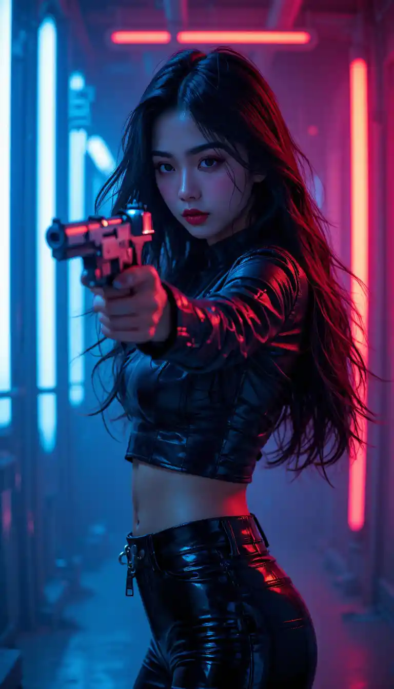 Japanese woman aiming a gun in a dramatic neo-noir portrait