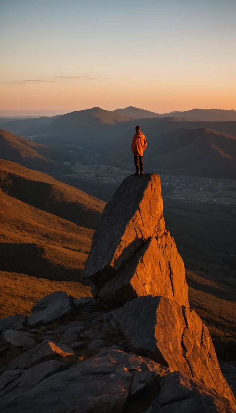Uma figura solitária está no pico de uma montanha, ao lado do número sete gravado