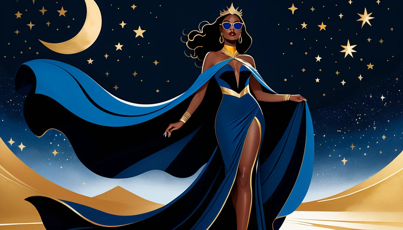 Uma mulher com um vestido celestial e uma coroa dourada de raios solares