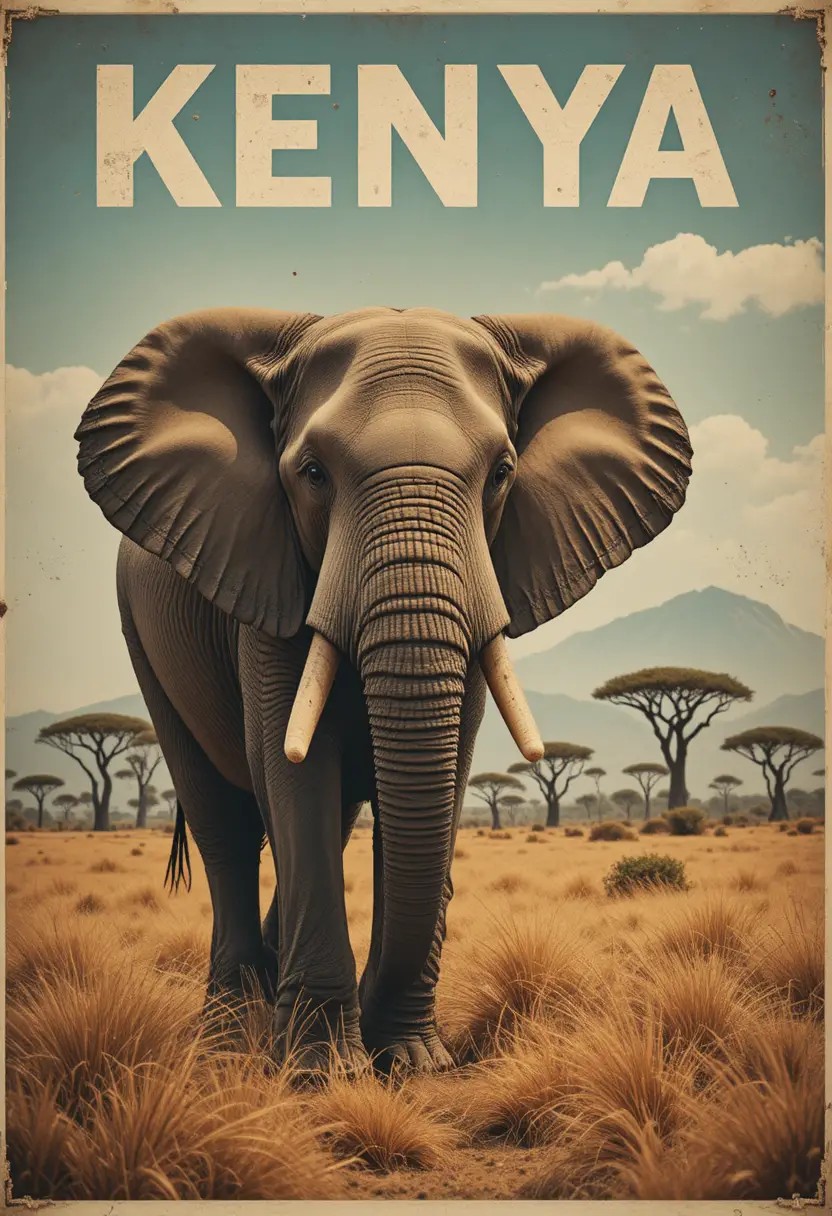 Um elefante em primeiro plano é o destaque de um cartaz vintage de viagem ao Quénia