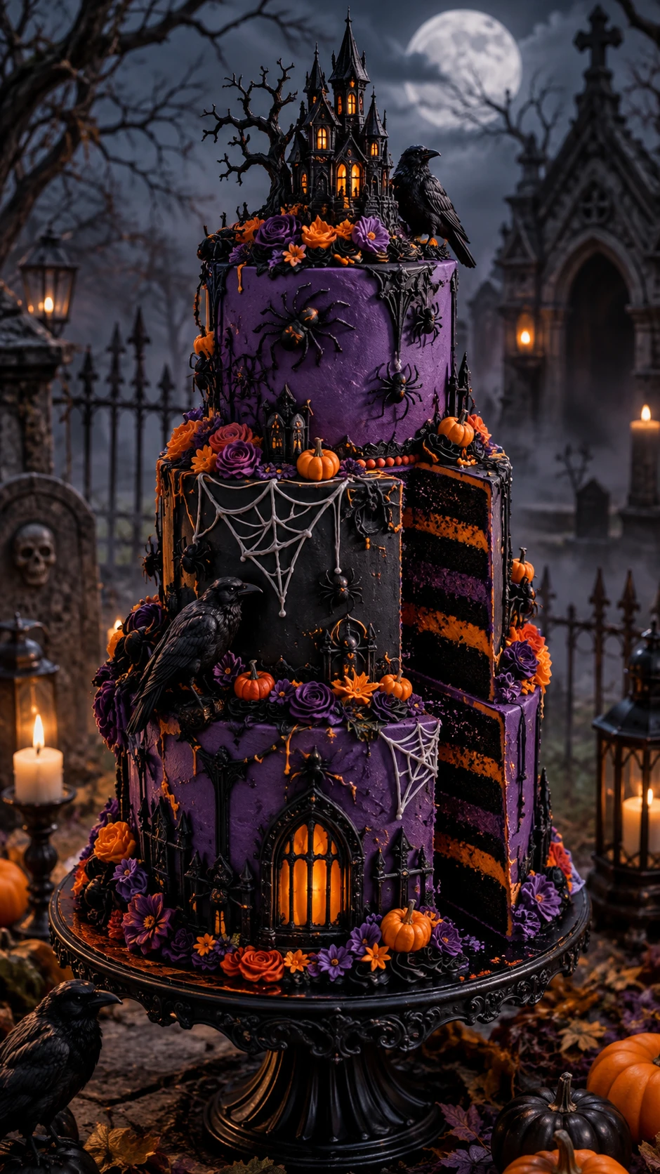 Three-tier Halloween cake with spiders and ravens in a gothic graveyard