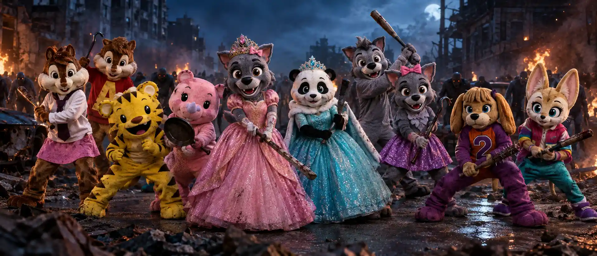 Zehn Maskottchen schießen in einer Breitbildszene auf Zombies