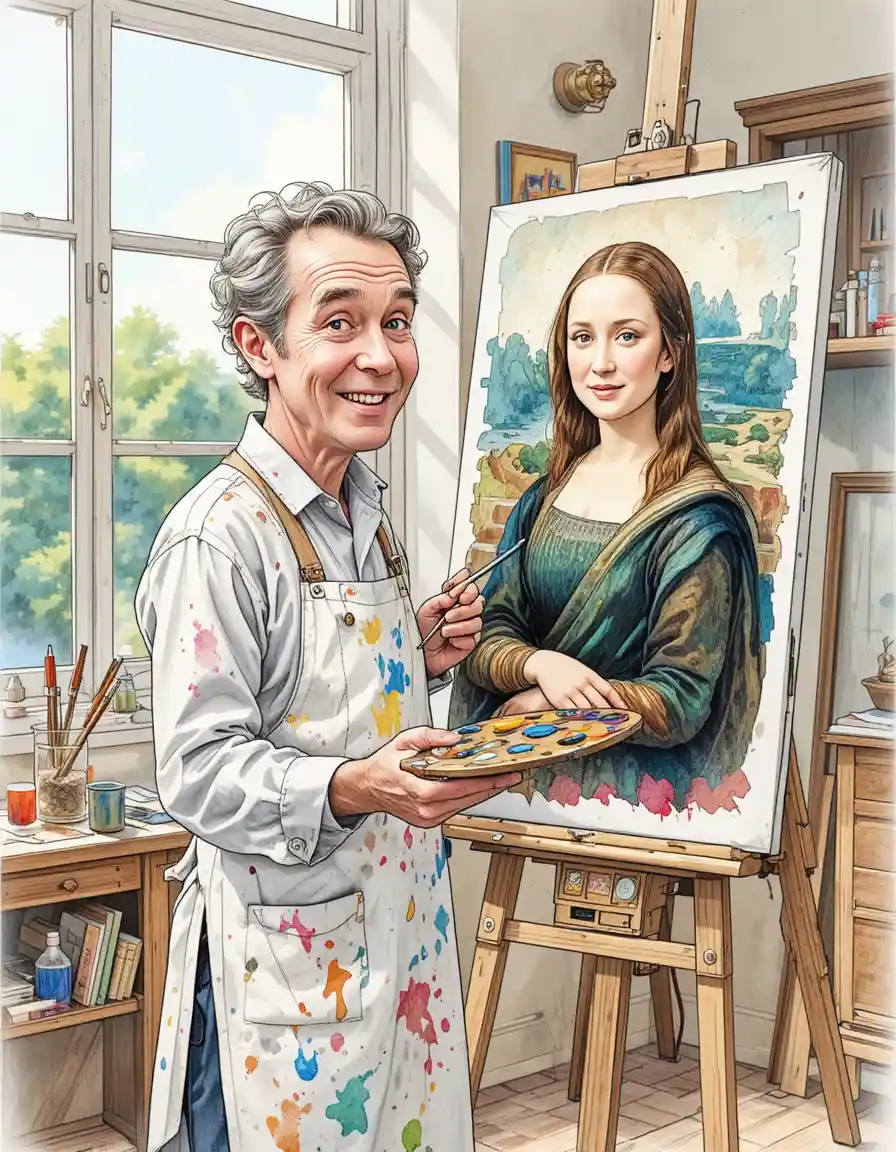 A cheerful painter works at an easel in a sunlit studio