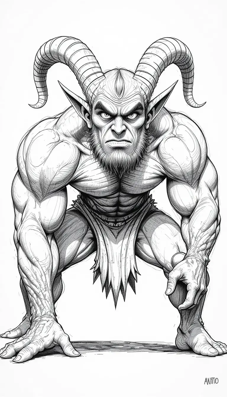 Ein muskulöser Satyr macht sich in einer ausdrucksstarken Cartoon-Illustration kampfbereit