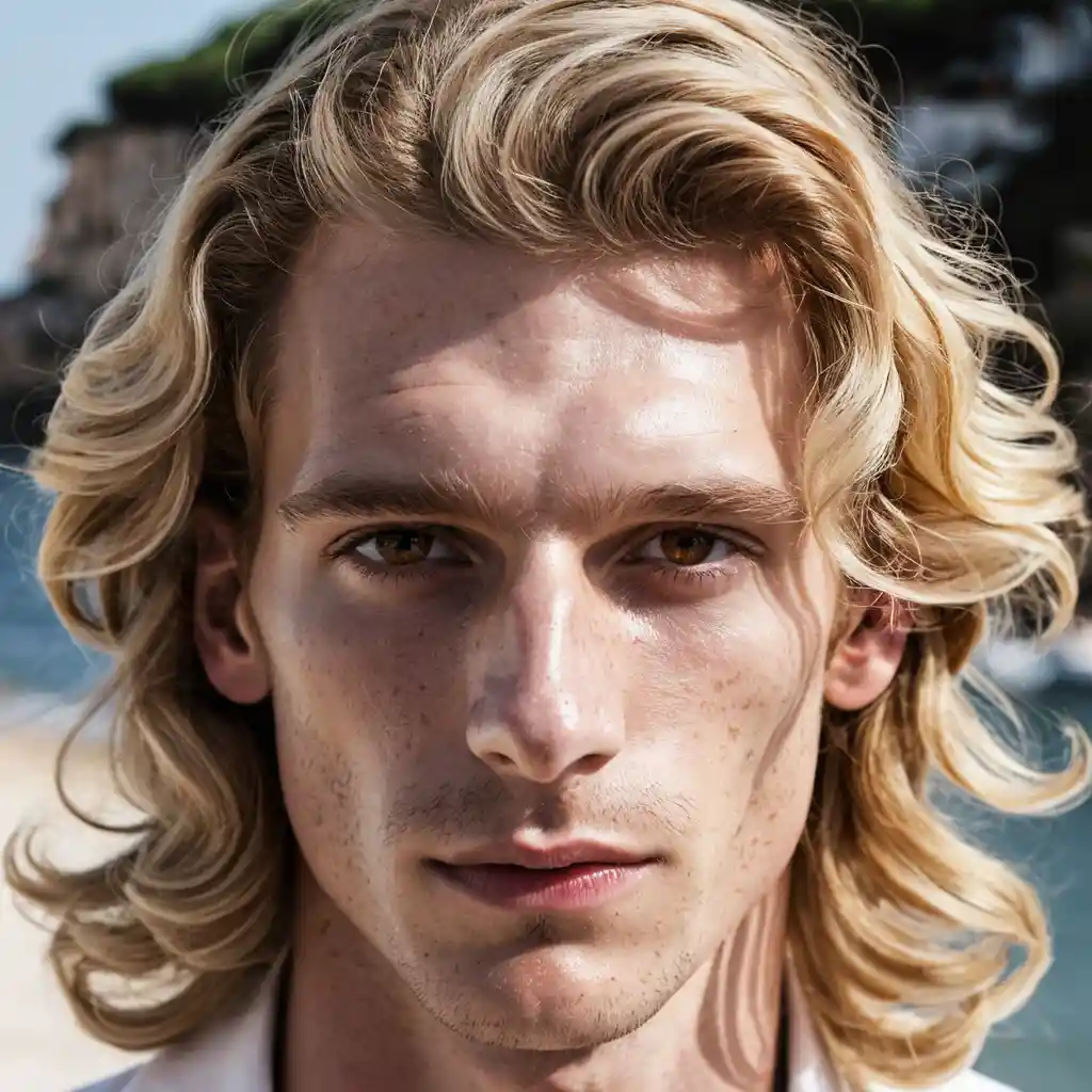 A male model with long blond waves, brown eyes, and freckles