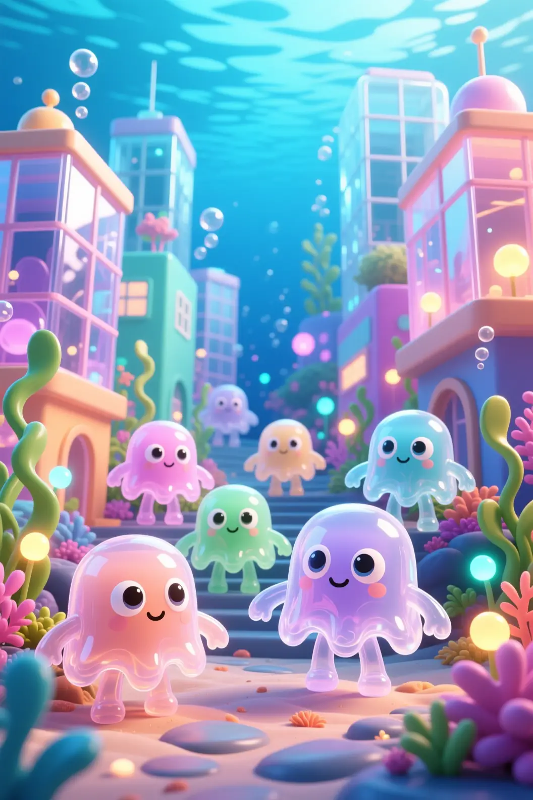 Personagens translúcidos de gelatina exploram uma colorida cidade subaquática