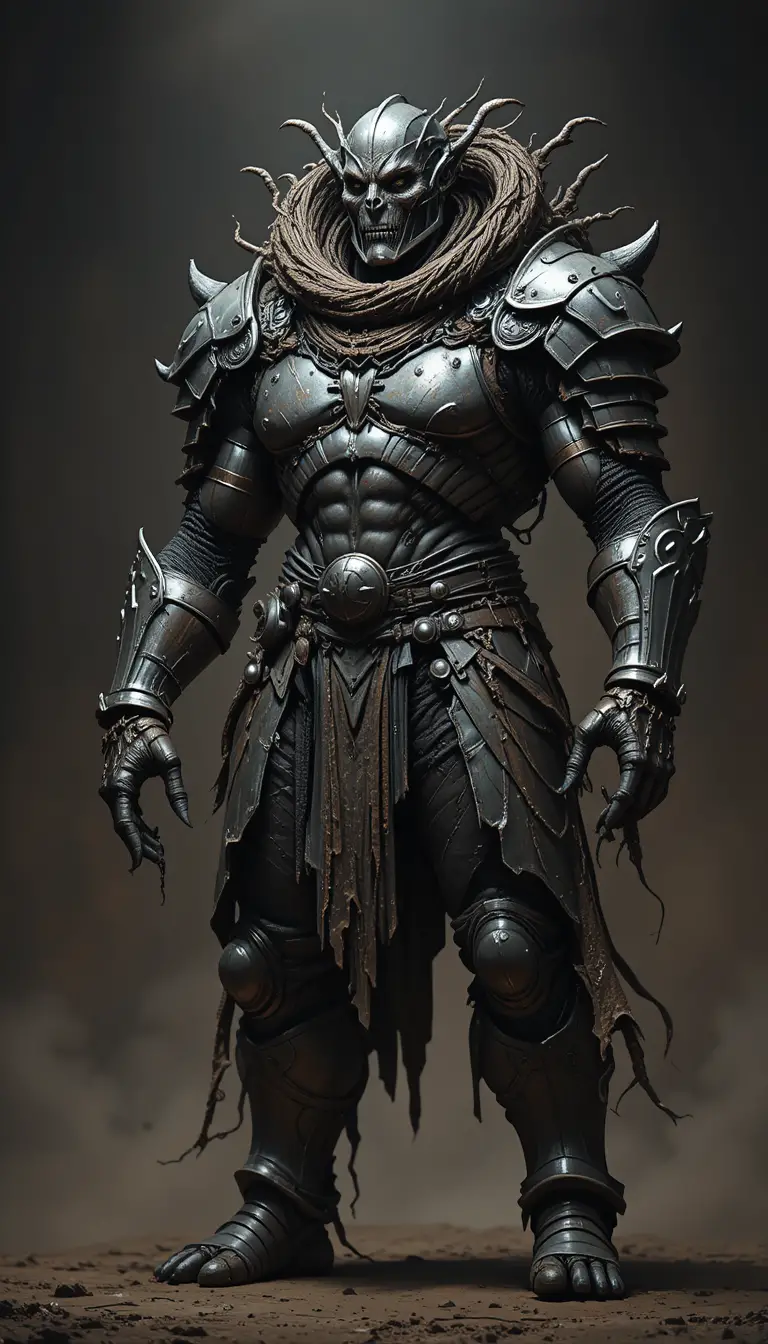 Uma criatura humanoide colossal com armadura medieval desgastada e pele