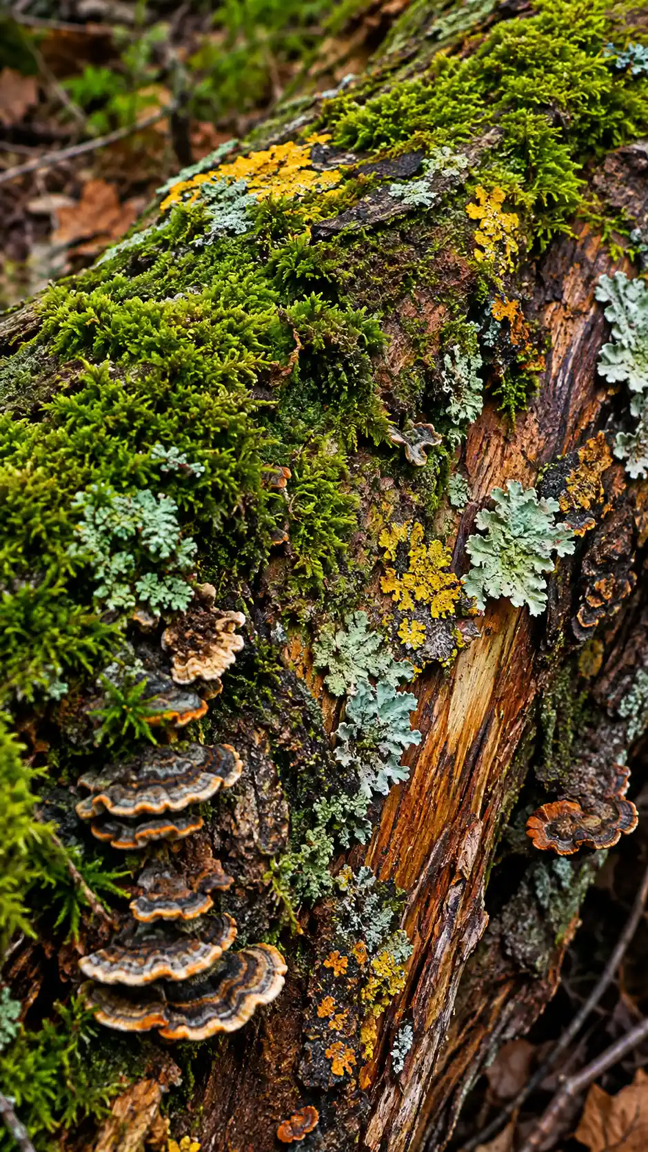 A weathered fallen log covered in moss, lichens, and fungi