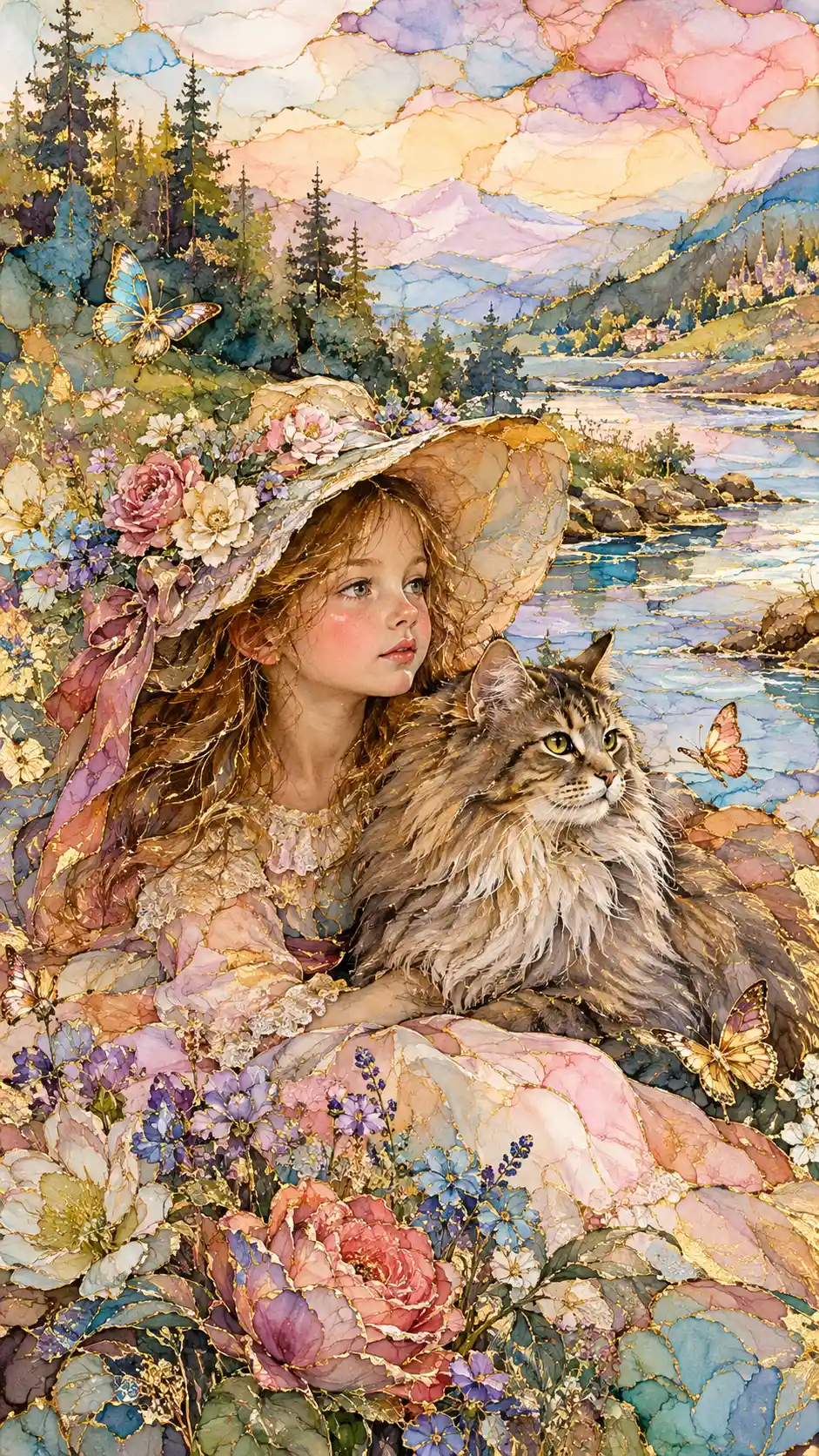Uma menina de chapéu sentada ao lado de um gato Maine Coon
