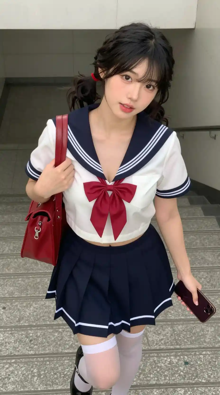Young Woman in Sailor Inspired Outfit Walks Upstairs from a Subway Tunnel