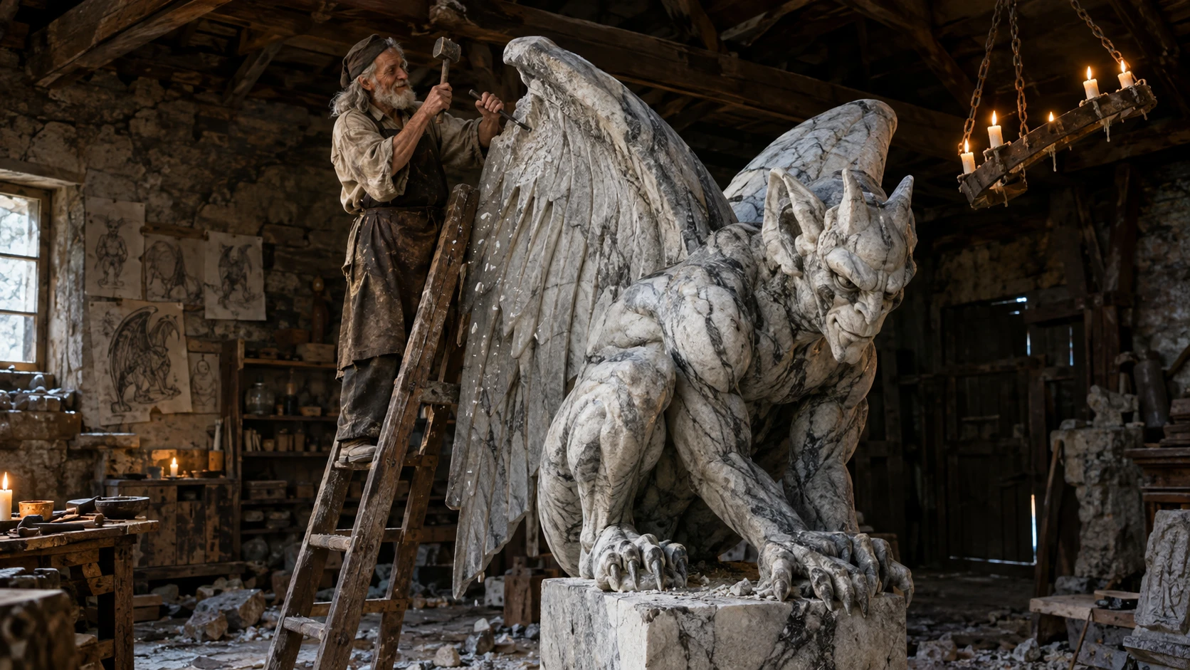 Um velho escultor em pedra termina uma escultura de gárgula em seu ateliê rústico