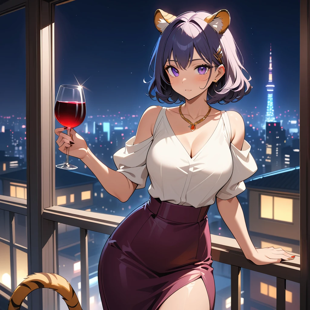 A tiger woman surveys Tokyo from a modern apartment balcony at night