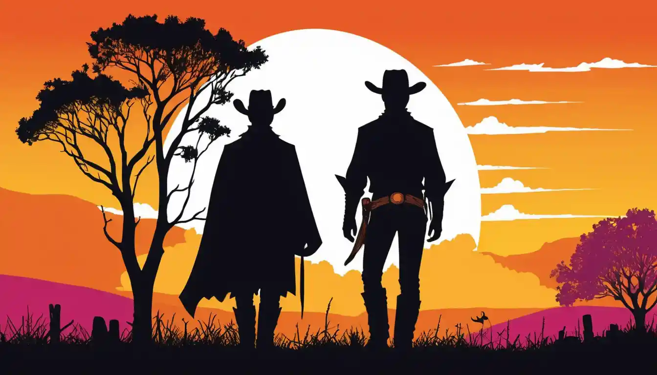 Um cowboy solitário ao lado de uma árvore retorcida ao pôr do sol