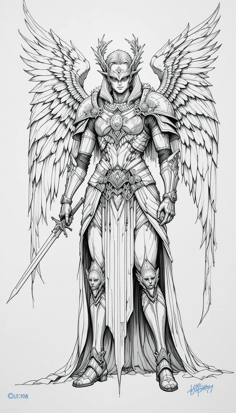 Geflügelter Fantasykrieger in kunstvoller Rüstung mit gesenktem Zeremonialschwert