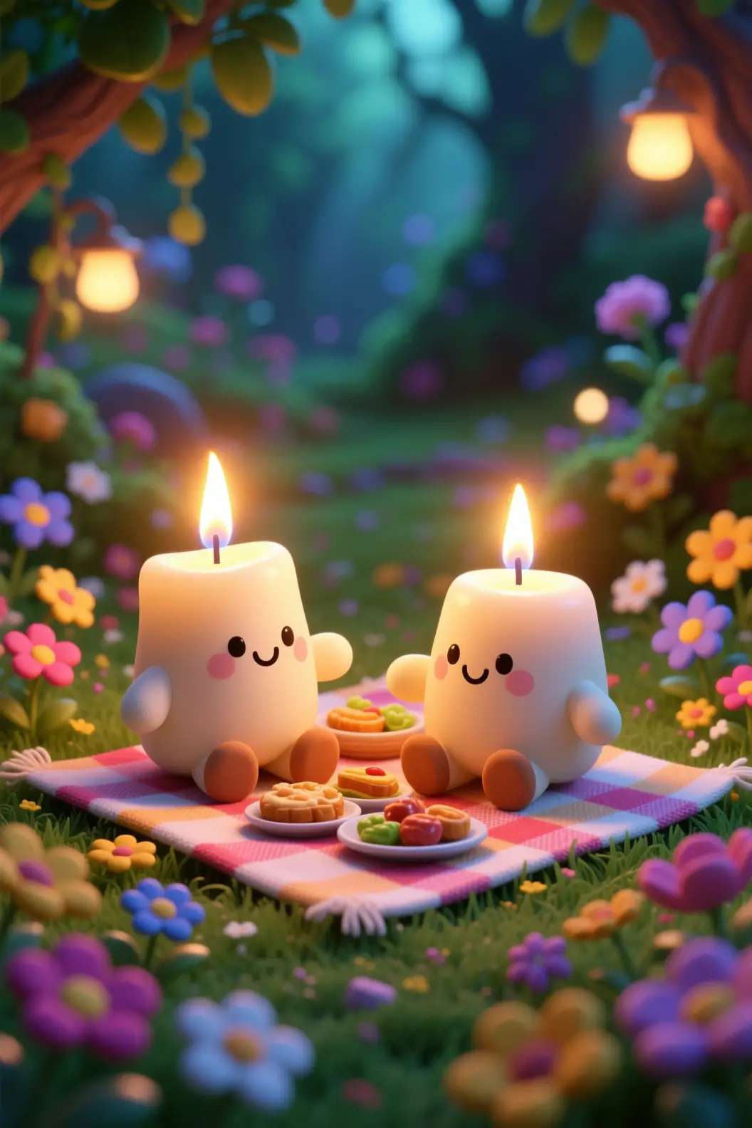 Personagens de velas em miniatura fazem um piquenique num jardim colorido