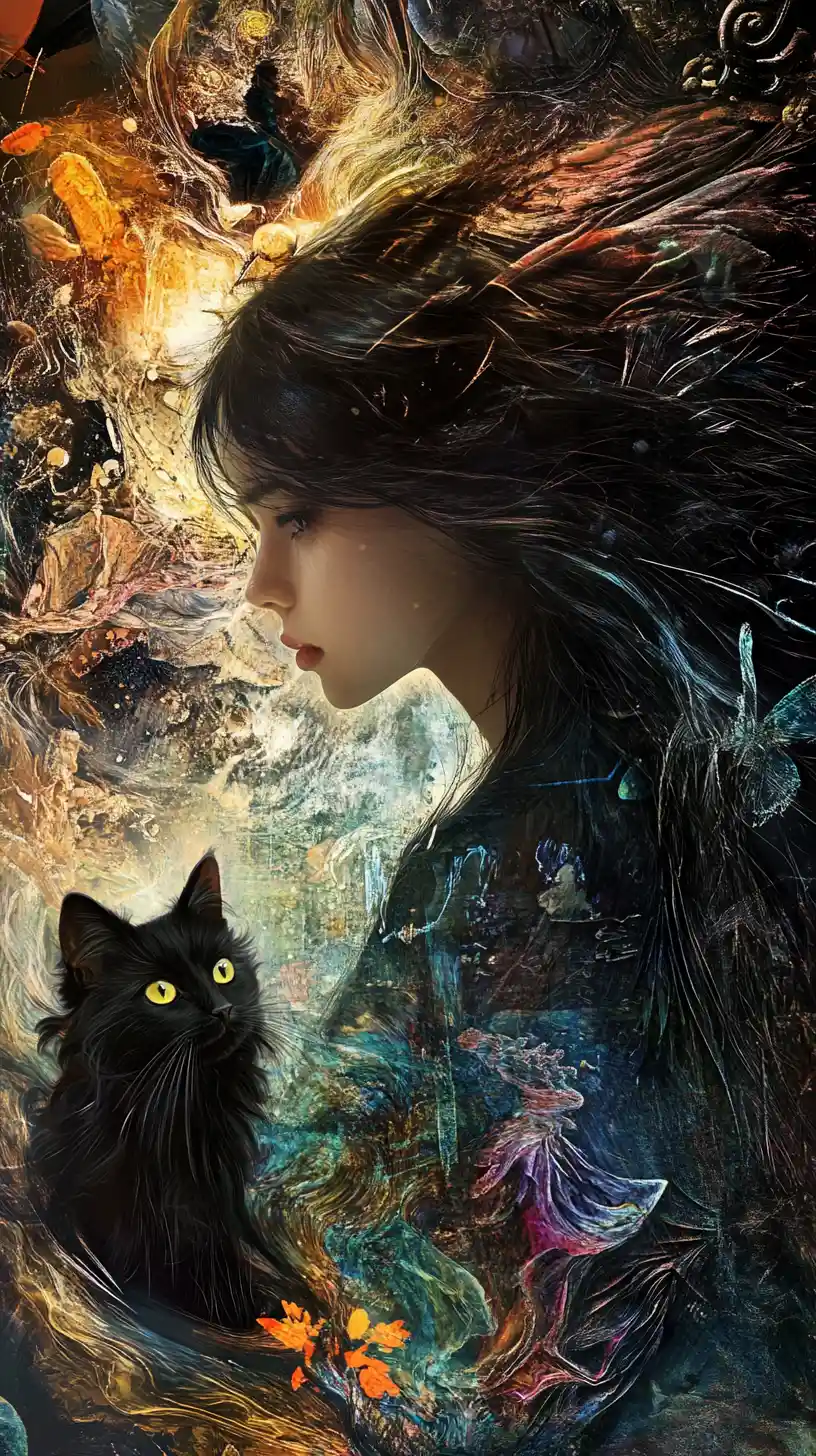 Young women and a long-haired black cat in a fantasy world